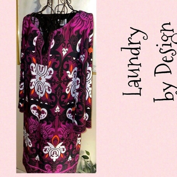 LAUNDRY BY DESIGN SILKY PURPLE KNIT SHIFT DRESS W/BLACK,WHITE PRINT~3/4 SLEEVE~S - Picture 3 of 6